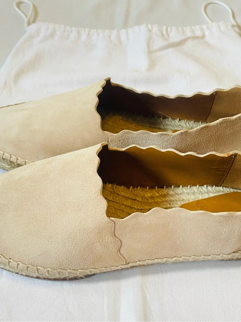 Chloe Women’s Scalloped Edge Espadrille Flats in Beige, Size 6 or 36